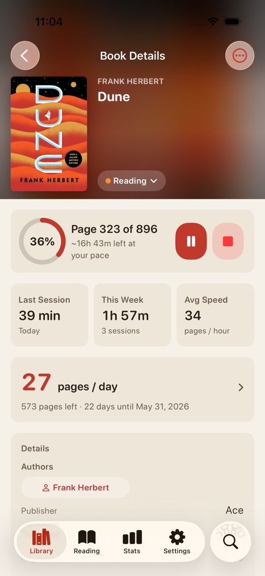 Folio book detail screen showing reading progress for Dune