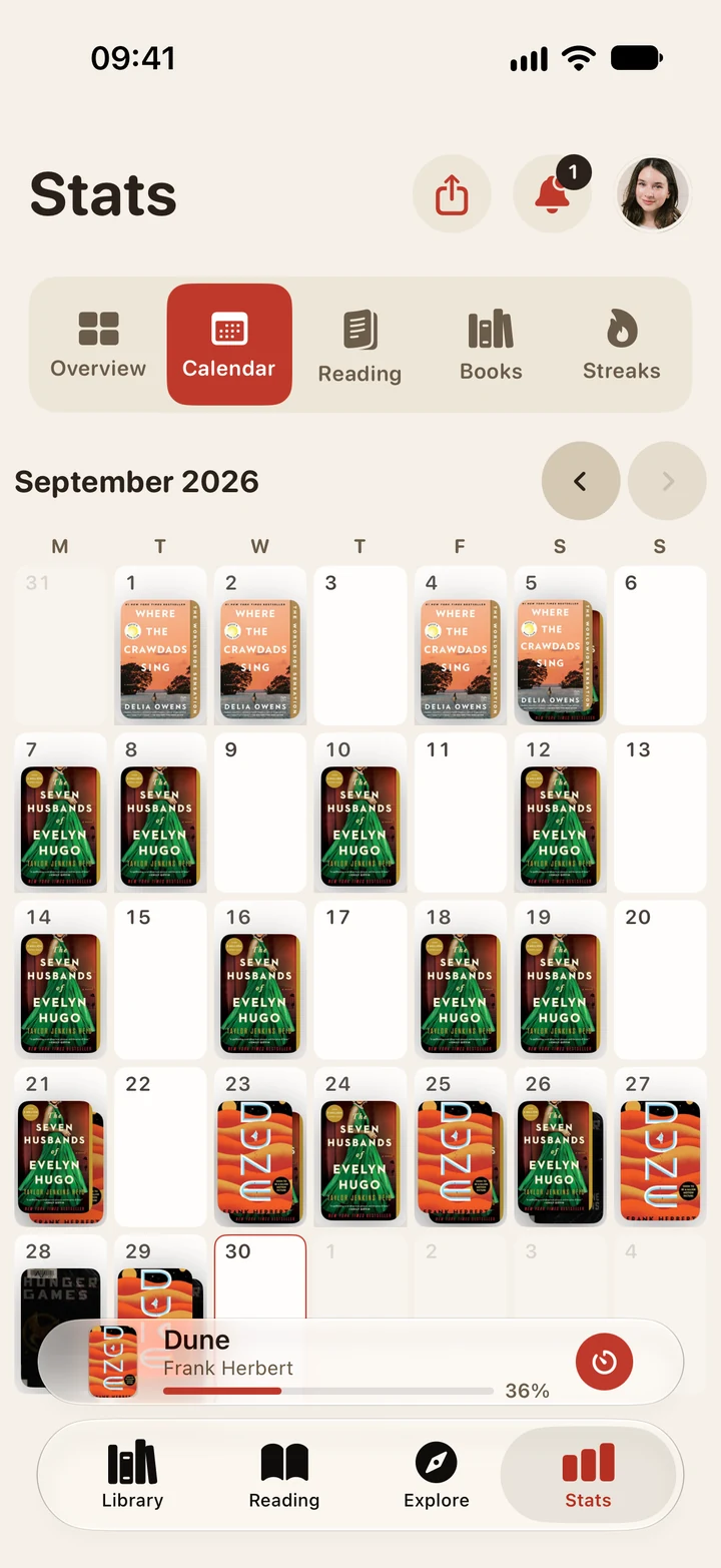 Folio reading calendar, with book covers on the days they were read