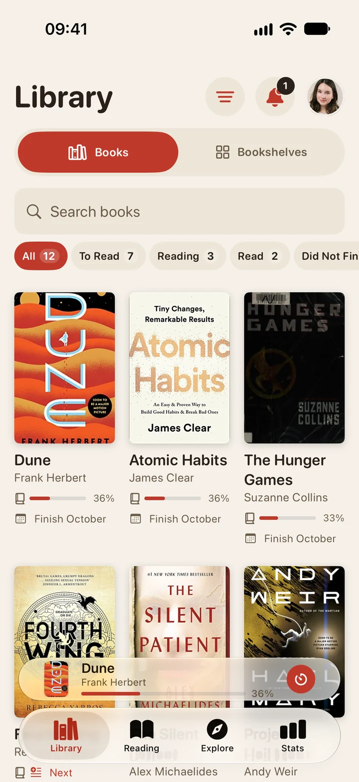 Folio Library, with book covers and reading progress