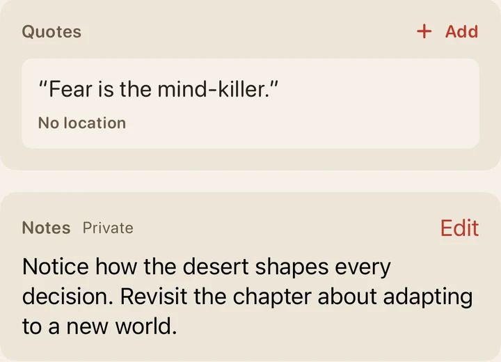 A saved quote and personal reading notes for Dune in Folio