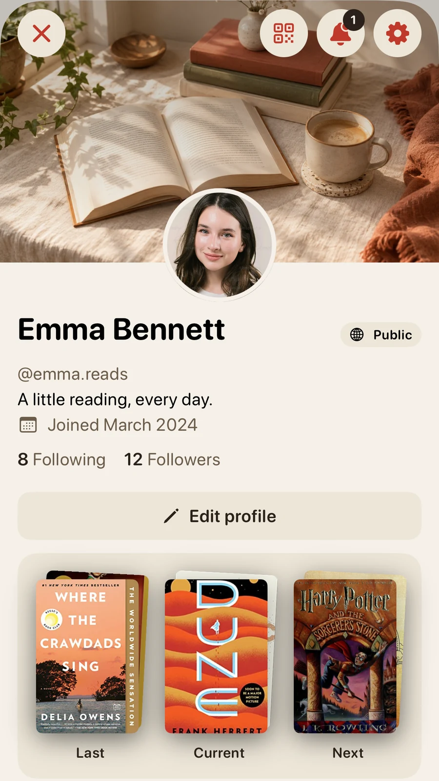 An example Folio reader profile, with its last, current, and next books